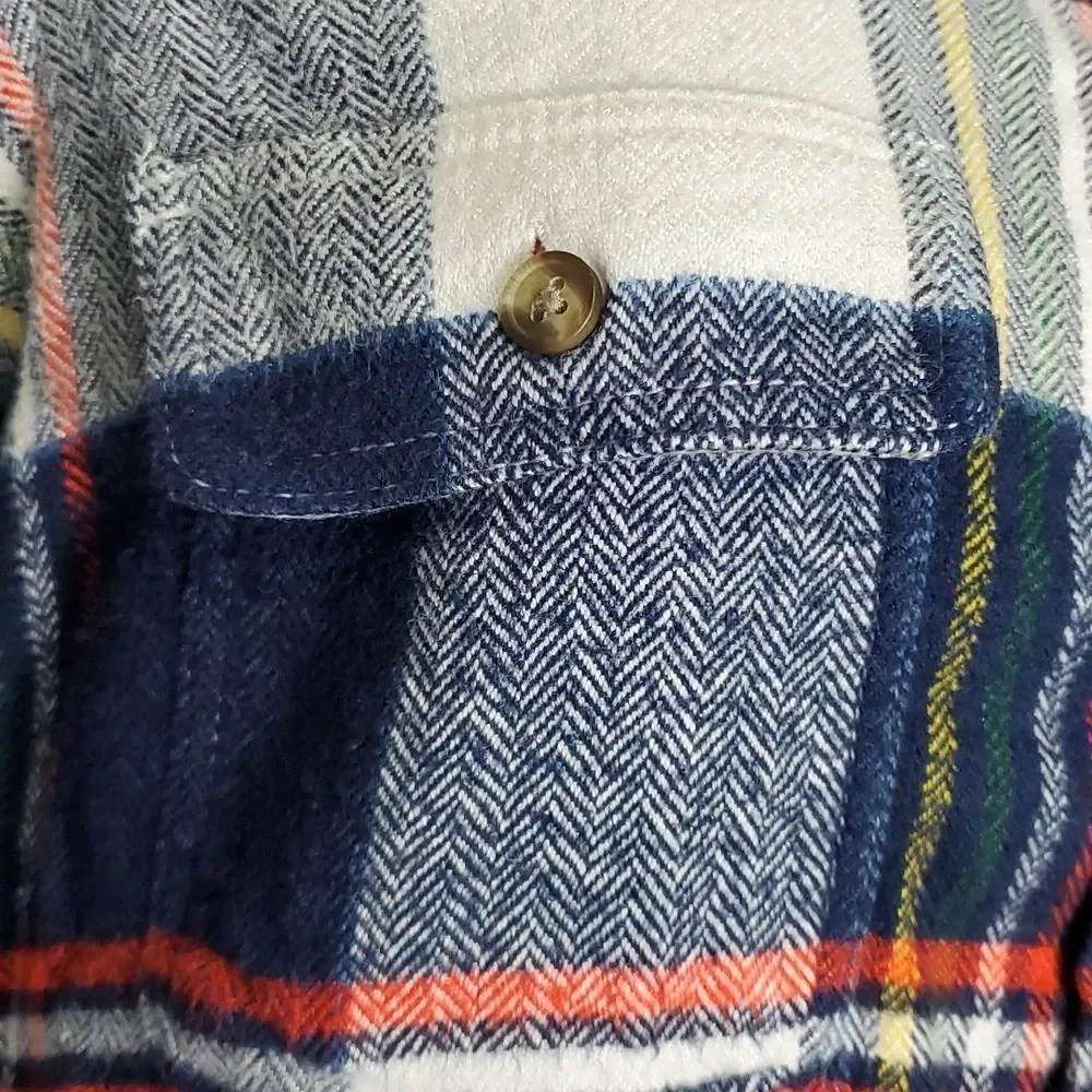 ⭐️2/$30 American Eagle Classic Fit Plaid Flannel Shirt Navy White Orange Size XS